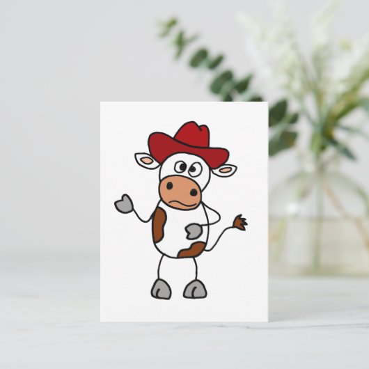 Funny Cow met rood cowboy Pet Briefkaart (Staand voorkant)