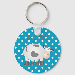 Funny Cow Moo en White Polka Dot Button Sleutelhan Sleutelhanger