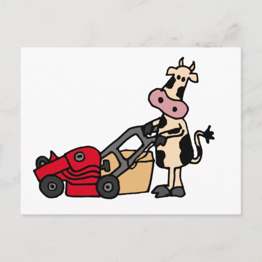 Funny Cow Pushing Red Lawn Mower Cartoon Briefkaart (Voorkant)