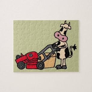 Funny Cow Pushing Red Lawn Mower Cartoon Legpuzzel