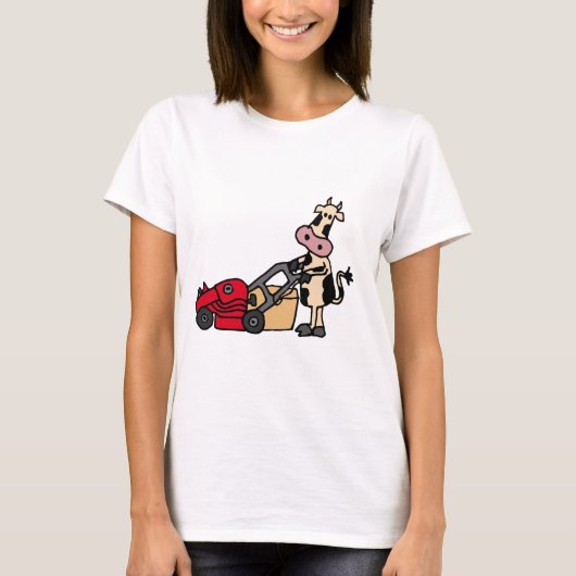 Funny Cow Pushing Red Lawn Mower Cartoon T-shirt (Voorkant)