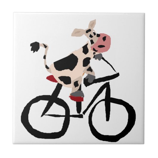 Funny Cow Riding Bicycle Art Tegeltje (Voorkant)