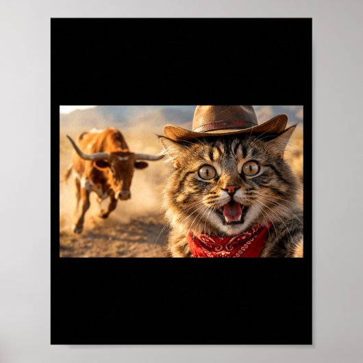 Funny Cowboy Cat Selfie With Charging Bull Western Poster (Voorkant)