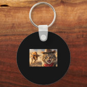 Funny Cowboy Cat Selfie With Charging Bull Western Sleutelhanger (Voorkant)