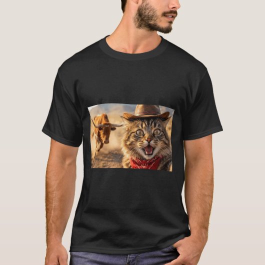 Funny Cowboy Cat Selfie With Charging Bull Western T-shirt (Voorkant)