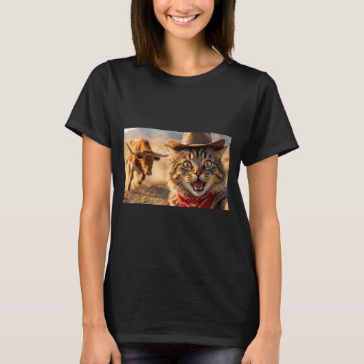 Funny Cowboy Cat Selfie With Charging Bull Western T-shirt (Voorkant)