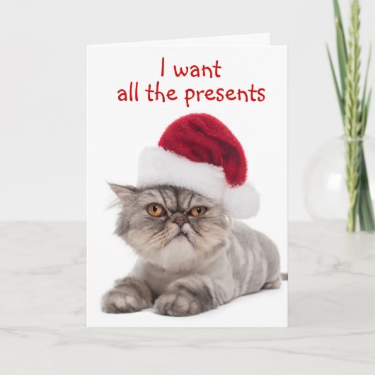 Funny Cranky Cat, "Ik wil alle cadeaus" Feestdagen Kaart (Voorkant)