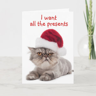 Funny Cranky Cat, "Ik wil alle cadeaus" Feestdagen Kaart