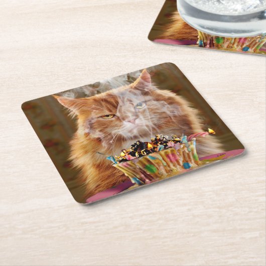 Funny Cranky Cat with Melthday Cupcake Kartonnen Onderzetters (Schuin)