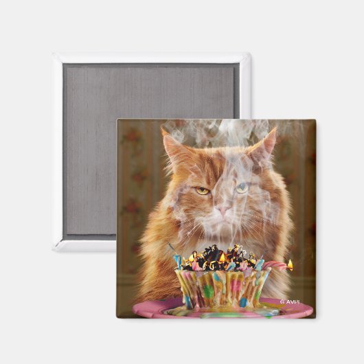 Funny Cranky Cat with Melthday Cupcake Magneet (Voorkant / Achterkant)