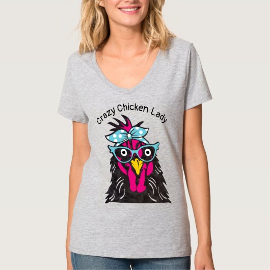 Funny Crazy Chicken Lady met Glasses Bandana T-shirt (Voorkant)