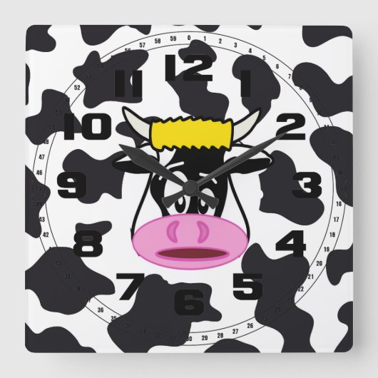 Funny Crazy Koe Bull op Dairy Koe Print Pattern Vierkante Klok (Voorkant)