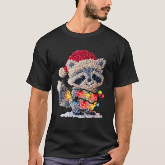 Funny Crochet Christmas Raccoon Xmas Lights Girly  T-shirt (Voorkant)