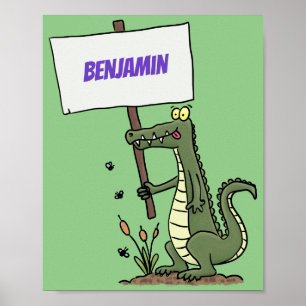 Funny crocodile aligator with sign cartoon poster