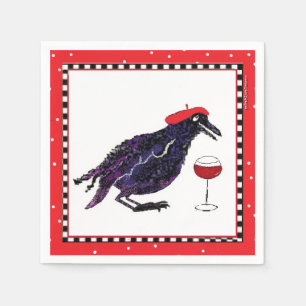 Funny Crow met Franse Beret en glas wijn Servet