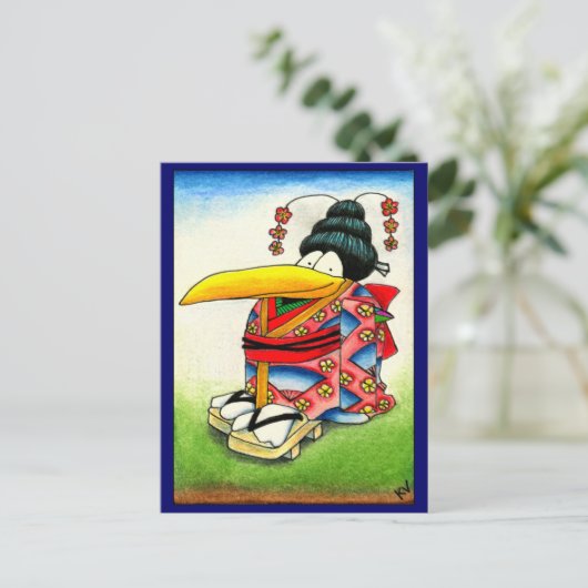 Funny Crow met Kimono briefkaart (Staand voorkant)