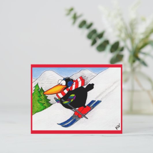 Funny Crow Winter Skiing Vacation briefkaart (Staand voorkant)