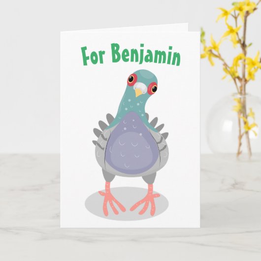 Funny curious pigeon cartoon illustration kaart (Gele Bloem)