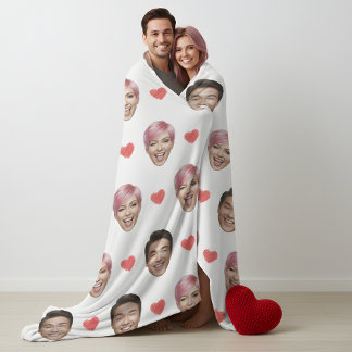 Funny Custom Couple Faces Pattern Red Hearts Fleece Deken
