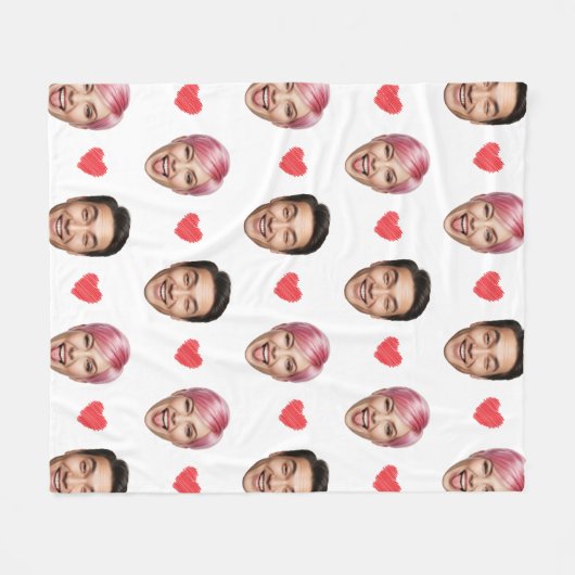Funny Custom Couple Faces Pattern Red Hearts Fleece Deken (Voorkant (Horizontaal))