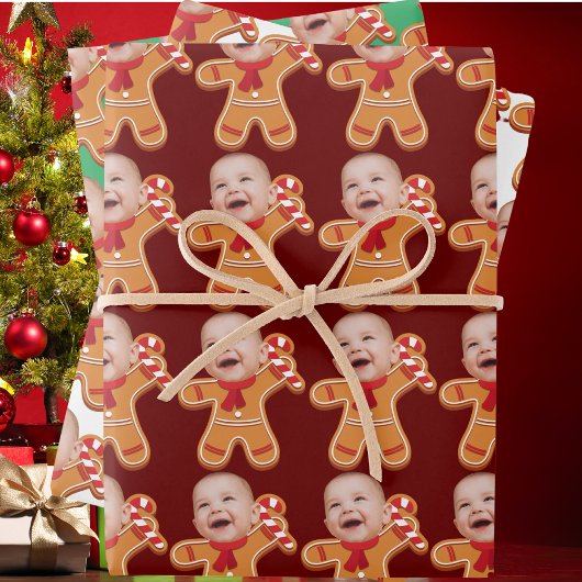 Funny Custom Face Foto Gingerbread Xmas baby Inpakpapier Vel