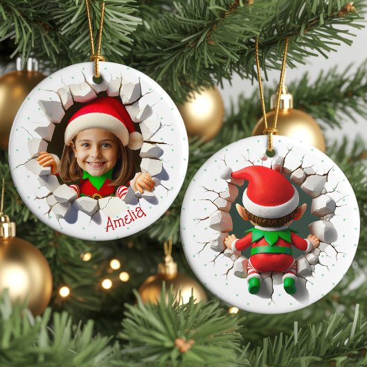 Funny Custom Face Photo Christmas Elf Name Holiday Keramisch Ornament