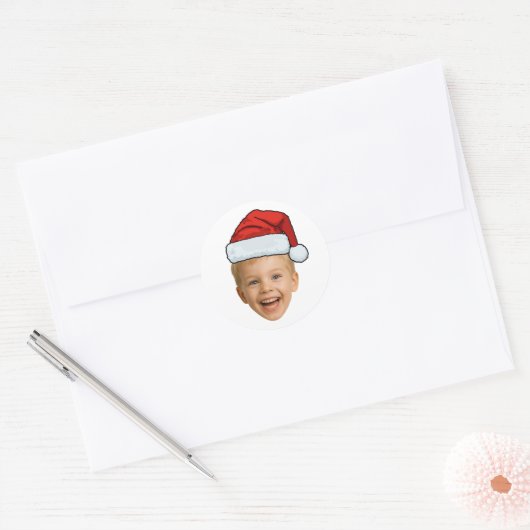 Funny Custom Face Photo Santa Hat Christmas Ronde Sticker (Envelop)