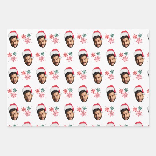 Funny Custom Face Photo Santa Head & Snowflakes Inpakpapier Vel (Voorkant 3)