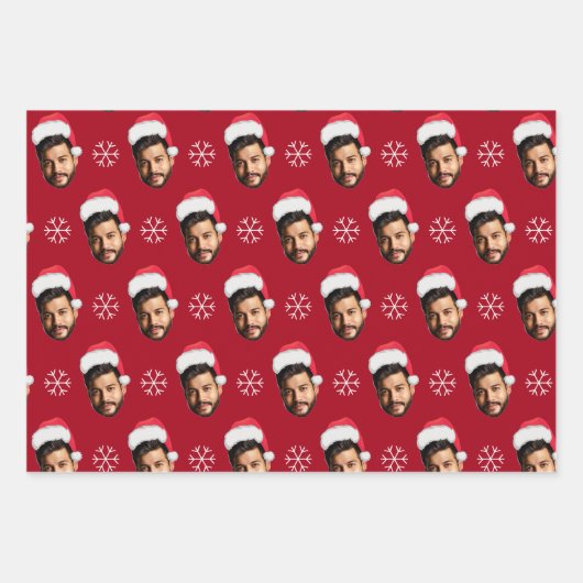 Funny Custom Face Photo Santa Head & Snowflakes Inpakpapier Vel (Voorkant 2)