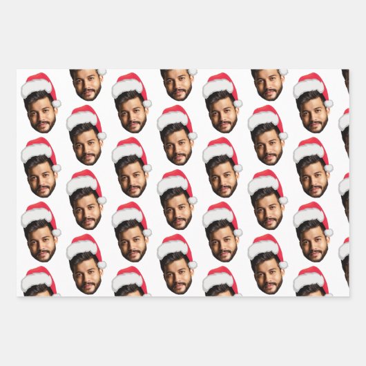 Funny Custom Face Photo Santa Head & Snowflakes Inpakpapier Vel (Voorkant)