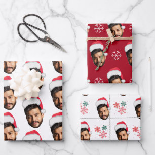 Funny Custom Face Photo Santa Head & Snowflakes Inpakpapier Vel