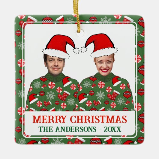 Funny Custom Photo Merry Kerstly Ugly Sweater Keramisch Ornament (Voorkant)