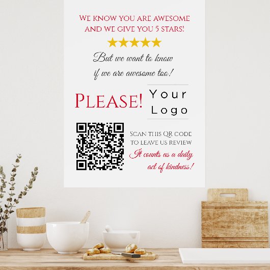 Funny Custom QR Code Business Logo Review rood Poster (Keuken)