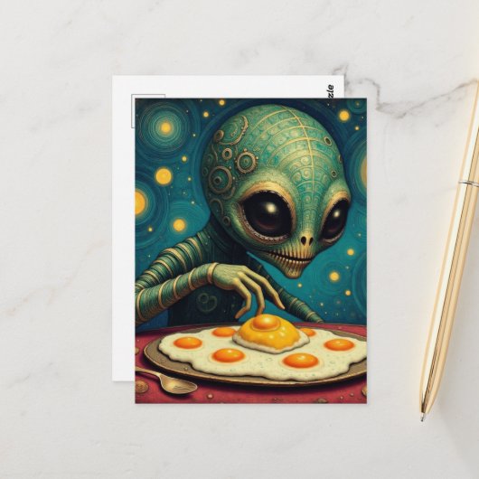 Funny Cute Alien Eating Fried Eggs Briefkaart (Voorkant / Achterkant in situ)