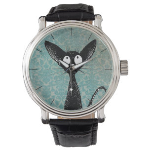 Funny Cute Black Cat Art over Blue Damask Horloge