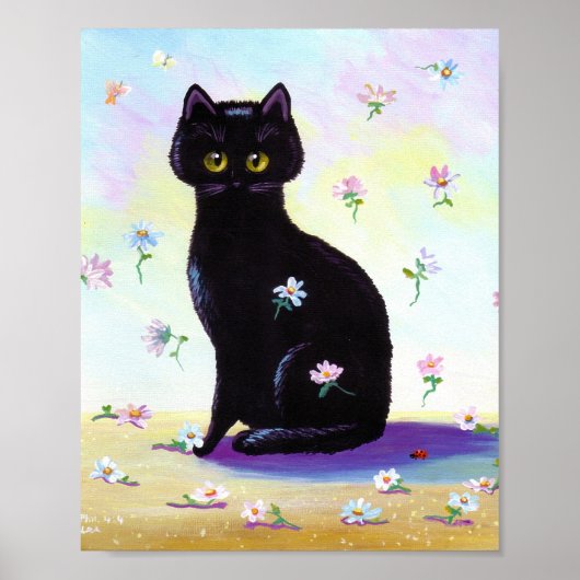 Funny Cute Black Cat Poster Daisies Creationarts (Voorkant)