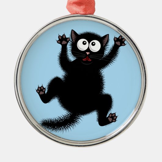 Funny Cute Black Scared Cartoon Cat, kitten Metalen Ornament (Voorkant)