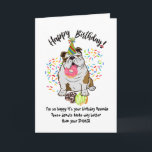 Funny Cute Bulldog Dog Birthday Card Donuts<br><div class="desc">Funny Cute Bulldog Dog Birthday Card Donuts. Tijd om de donuts op te eten. Deze grappige verjaardagskaart is voorzien van je favoriete Funny Cute Bulldog Dog die allemaal in zijn partijgenootschap is opgesloten, die op je stash van verjaardagsdonuts ruikt. Sprinkles vliegt overal, en je pup heeft al een donut in...</div>