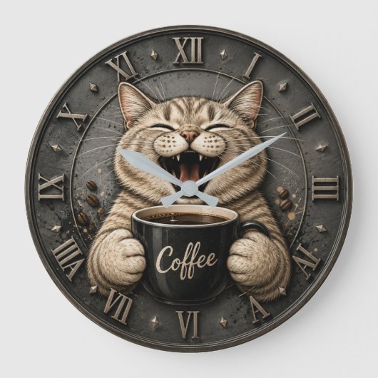 Funny Cute Cat Coffee Lover Decor Grote Klok (Voorkant)