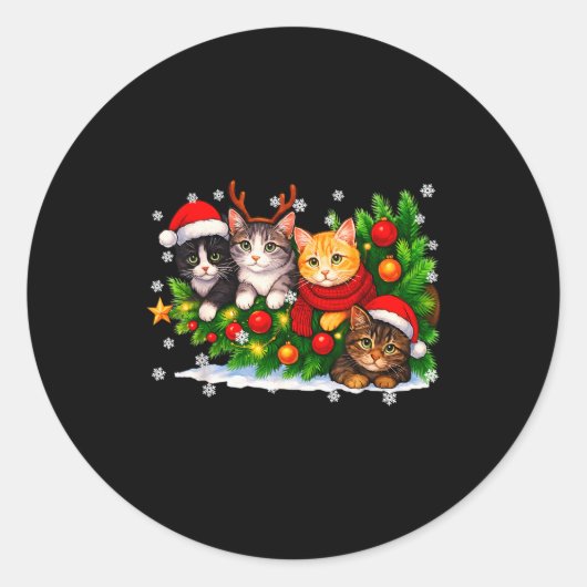 Funny Cute Cat Crew Santa Hat Christmas Xmas Women Ronde Sticker (Voorkant)