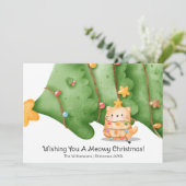 Funny Cute Cat Meowy kerstboom Waterverf Feestdagenkaart (Staand voorkant)