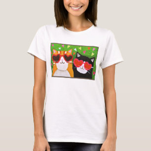 Funny Cute Cat met Heart Glasses Cat Folk Art T-shirt