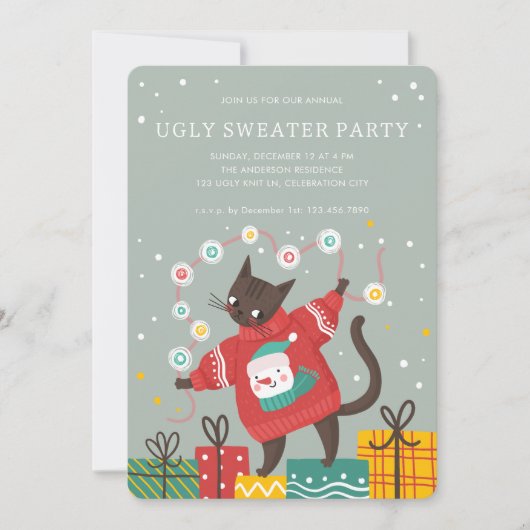 Funny Cute Cat Ugly Christmas Sweater Party Feestdagenkaart (Voorkant)
