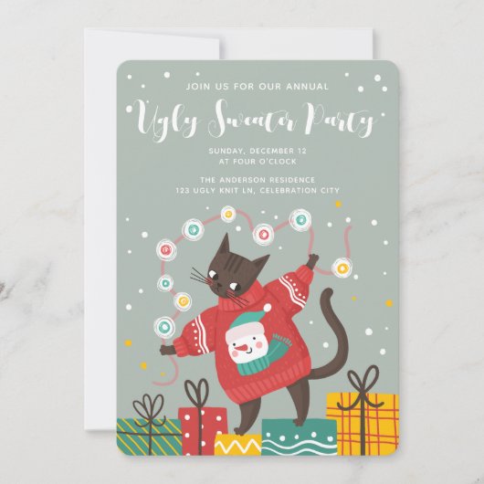 Funny Cute Cat Ugly KerstSweater Party Feestdagenkaart (Voorkant)