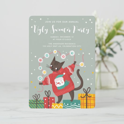 Funny Cute Cat Ugly KerstSweater Party Feestdagenkaart (Staand voorkant)