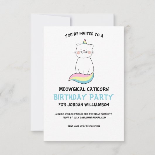 Funny Cute Cat Unicorn Birthday Party Invitation Kaart (Voorkant)