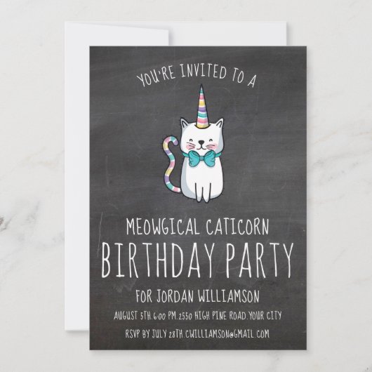 Funny Cute Cat Unicorn Birthday Party Invitation Kaart (Voorkant)