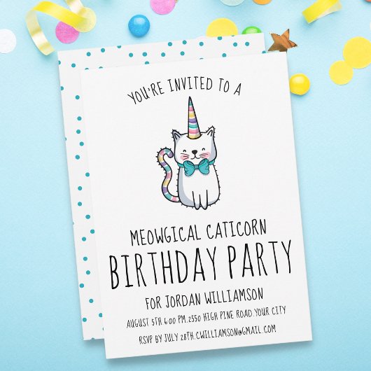 Funny Cute Cat Unicorn Birthday Party Invitation Kaart