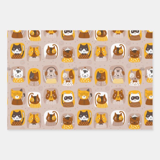 Funny Cute Cats Wrapping Paper Set of 3 (Voorkant)