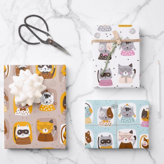 Funny Cute Cats Wrapping Paper Set of 3 (Voorkant)